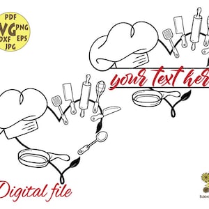 Chef Hut mit Herz und Küche Utensilien Monogramm Svg-Datei, Kochen Split Monogramm Svg, Bauernhaus Zeichen Svg, Chef Svg, Backen mit Chef Hut Svg