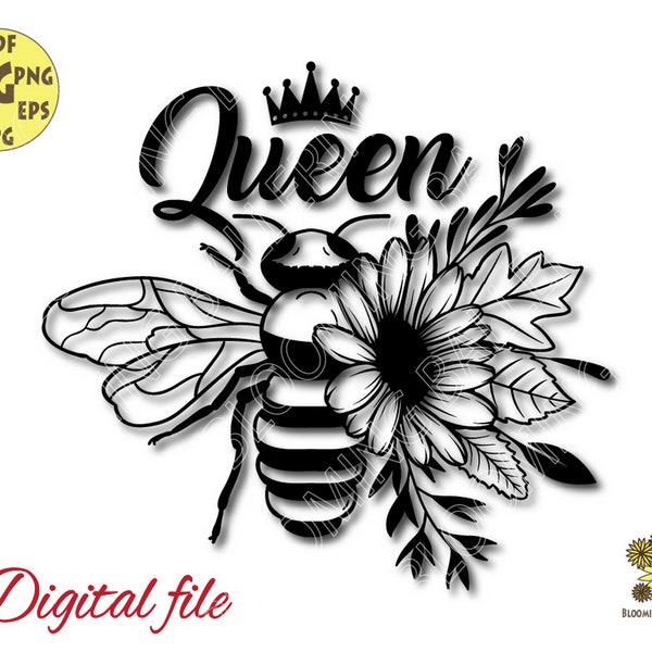 Flower Queen Bee with Leaves, Daisy Svg file, Bundle Bees Svg, Bumble Bee svg, Floral Bee cut file, Daisy Png, Flower Bee Png, Crown Svg