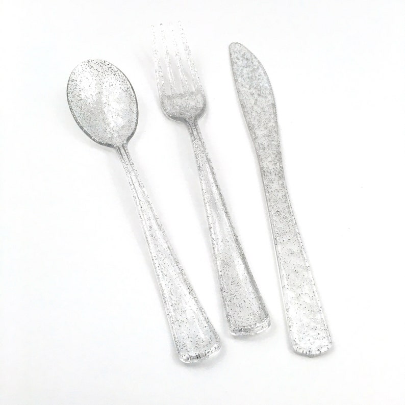 Bridal Silver Glitter Cutlery Wedding New Years Eve Christmas Baby Shower Birthday Silver Cutlery Tableware