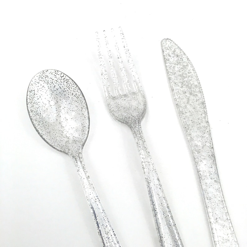 Bridal Silver Glitter Cutlery Wedding New Years Eve Christmas Baby Shower Birthday Silver Cutlery Tableware