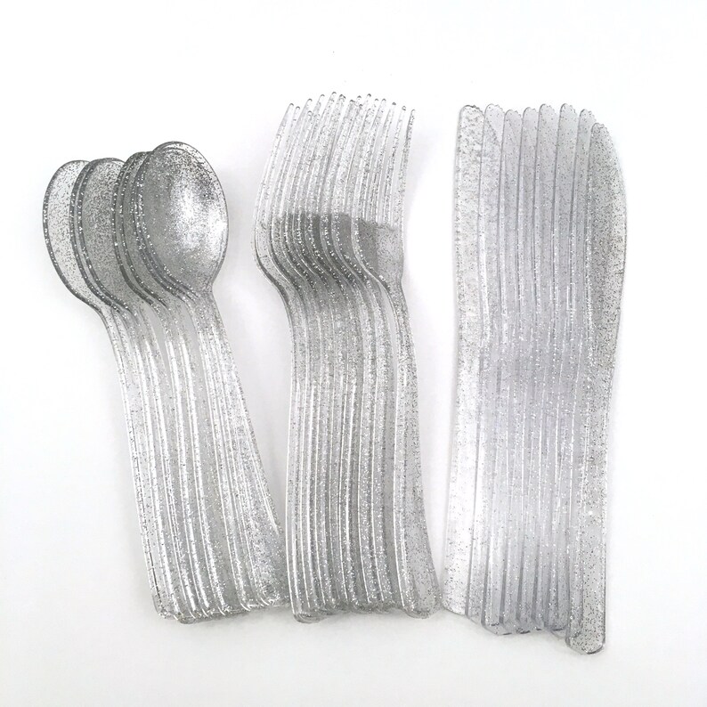Bridal Silver Glitter Cutlery Wedding New Years Eve Christmas Baby Shower Birthday Silver Cutlery Tableware