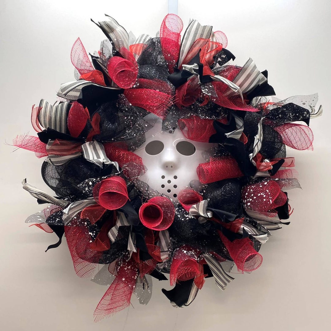 Halloween Mask Wreath Halloween Hockey Mask Halloween Door Etsy