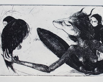 Creatures Tamer, Original black and white etching print, printmaking art, surreal art, Harpy eagles, ravens gravure, Antropomorphic animals