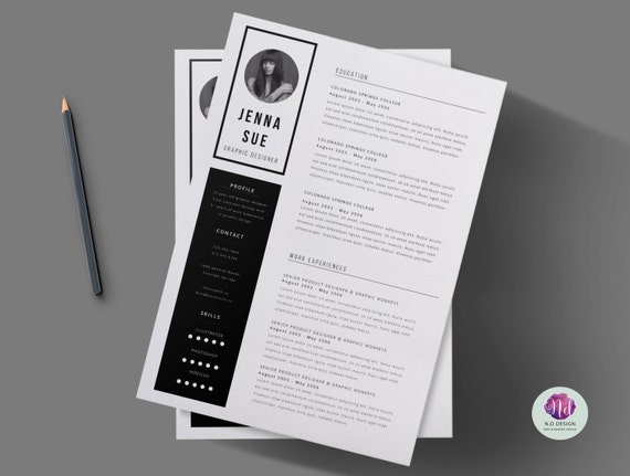 black white 2 page cv template cover letter minimal etsy