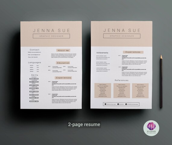 2 page cv template cover letter template pastel color etsy