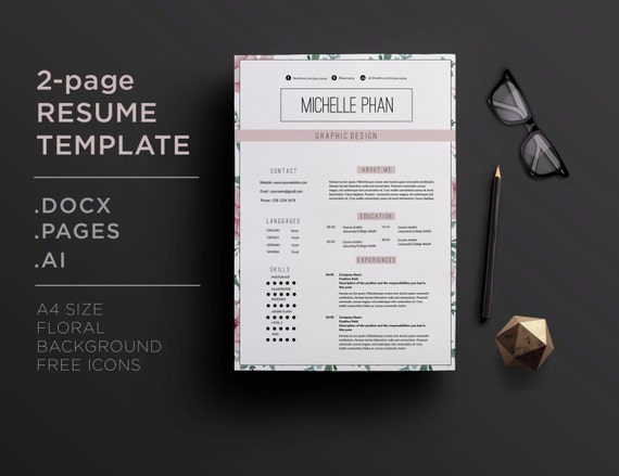 modern 2 page resume template cover letter template pink etsy modern 2 resume