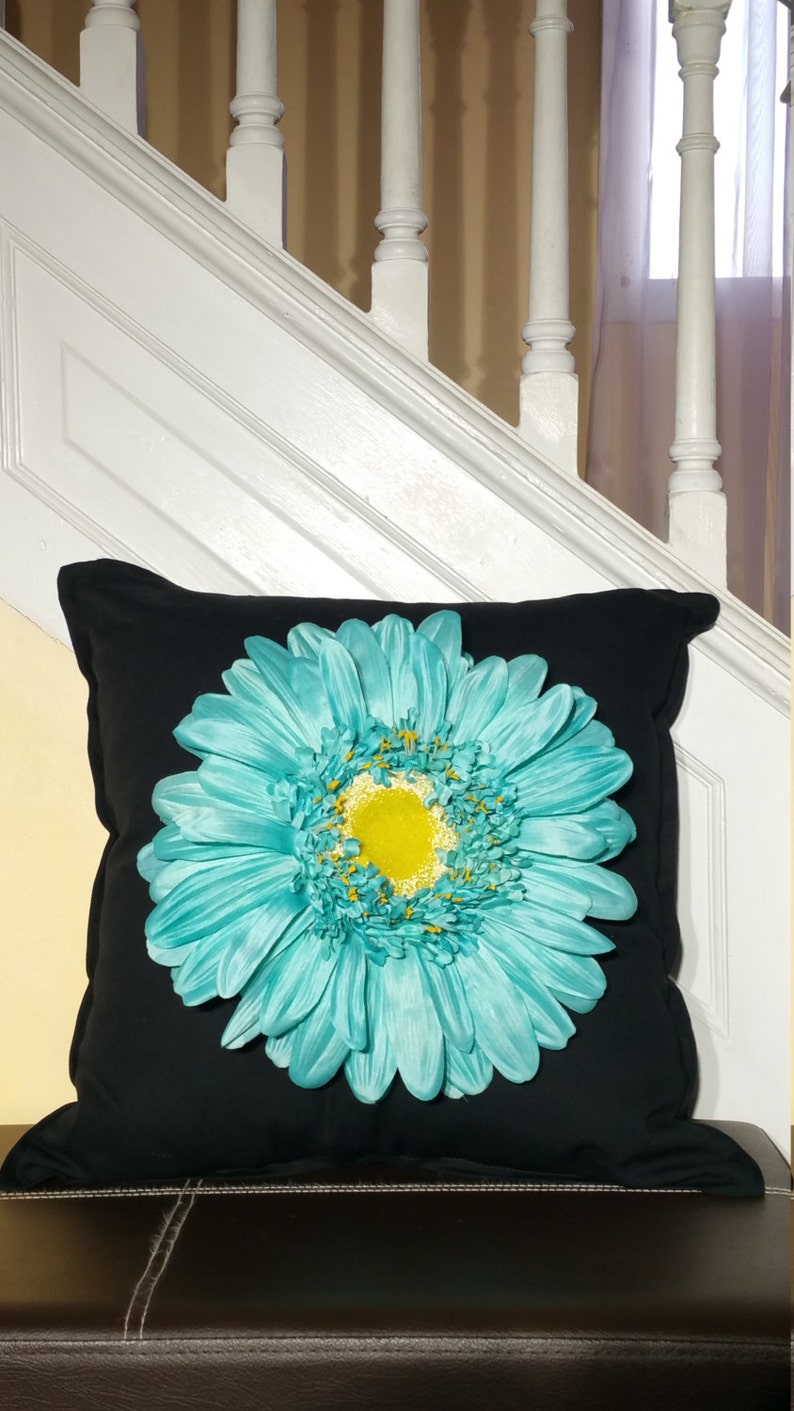 White Daisy Teal Flowers on Jet Black D\u00e9cor Pillow Flower Pillow: Orange Dahlia