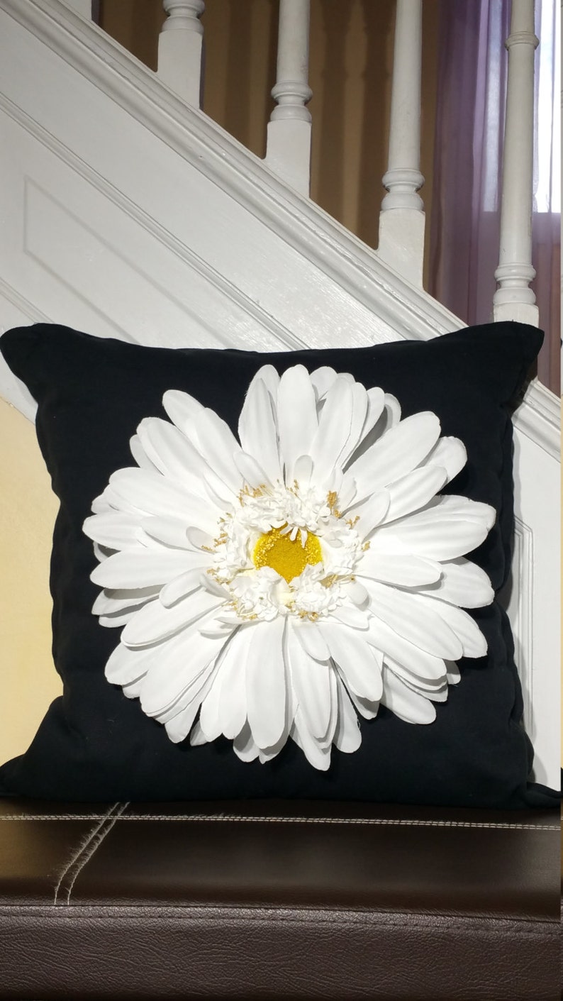 White Daisy Teal Flowers on Jet Black D\u00e9cor Pillow Flower Pillow: Orange Dahlia
