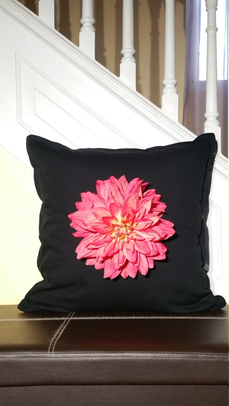White Daisy Teal Flowers on Jet Black D\u00e9cor Pillow Flower Pillow: Orange Dahlia