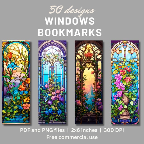 Fantasy windows printable bookmarks set, Vintage library bookmark design, Digital bookmark png bundle, Stained glass library printable png