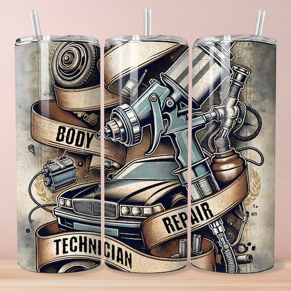 Automotive body repair tumbler wrap png, Auto repair 20 oz skinny tumbler sublimation design, Car repair professional design png