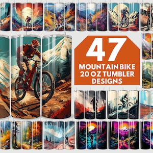Mountain bike tumbler wrap png, Biking 20 oz skinny tumbler sublimation design, Extreme sports pattern png, Mountains pattern