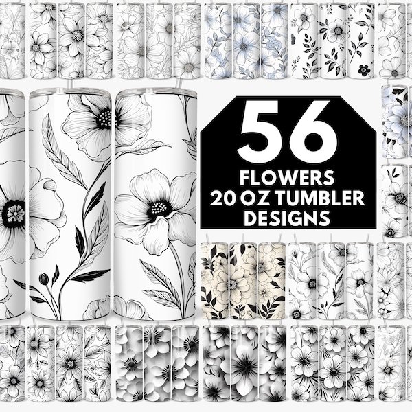 Black and white flowers tumbler wrap png, Monochrome flowers 20 oz skinny tumbler sublimation design, Floral seamless design png