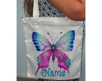 Butterfly Personalised Tablet/Ipad/Gym/Library Bag Glitter ZipUp Double Sided