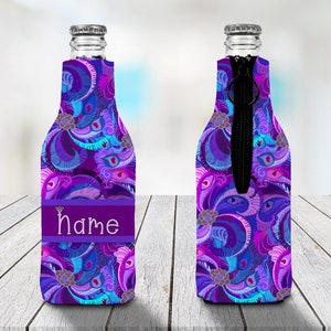 Peacock Feathers Personalised Stubby Holder Zip Up Bottle Cooler Collapsible