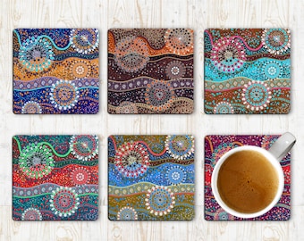 Set 6 Boxed 'Wanaka Utinat' Round Australian Aboriginal Design Drink Coasters 