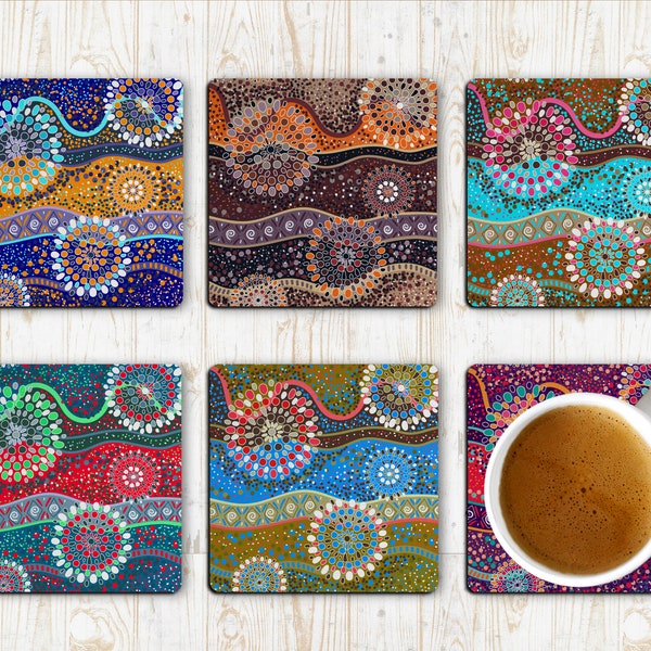 Aboriginal Art Drink Coasters Set of Six Neoprene - Rubber backing - Non Slip - Non Fading - Hot or Cold Drinks
