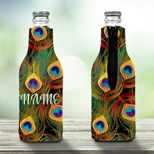 Peacock Feathers Personalised Stubby Holder Zip Up Bottle Cooler Collapsible