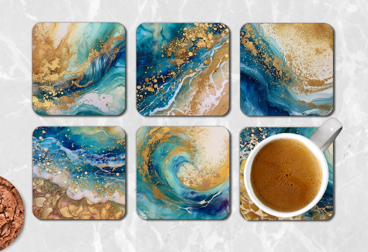 Beach Beverage Coaster Set, Nautcal Drnk Coasters. Seasde Scenes of Beach Umbrella, Sun, Fsh