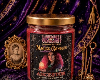 May include: A red candle in a glass jar with a gold lid. The label features the text Lightclub Curiosity, Magick Candles, and Ancestor Access to the Spirit World, with an illustration of a person holding a glowing orb and wearing a purple hat.