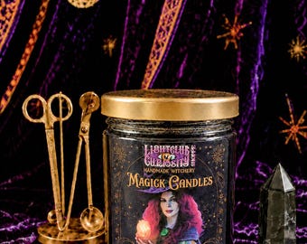 May include: A glass jar candle with a gold lid and a label featuring a person with red hair holding a glowing object. The label text reads Lightclub Curiosity Shoppe Handmade Witchery Magick Candles Protection And Banishing Negativity.