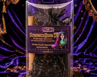 May include: A clear plastic box containing a Protection Spell Kit with black shredded paper, a black organza bag, and two cylindrical items. The label reads: Lightclub Curiosity Protection Spell Kit For Banishing Negativity and Providing Protective Energy.