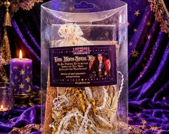 May include: A clear plastic bag containing a Full Moon Spell Kit with a purple label featuring text and an illustration of a person. The kit includes a white drawstring pouch, a bundle of dried herbs, and gold and white paper filler strips.
