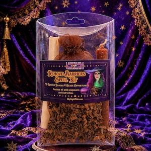 May include: A clear plastic container holding a Remove Barriers Spell Kit, which includes a brown organza bag, a brown candle with a jute wick, and a rolled parchment scroll, all nestled in brown shredded paper filler with a product label.