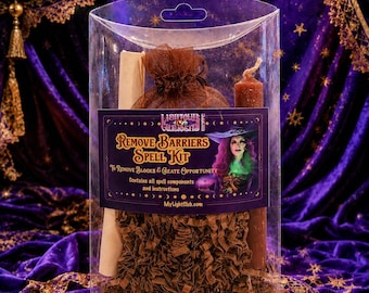 May include: A clear plastic container holding a Remove Barriers Spell Kit, which includes a brown organza bag, a brown candle with a jute wick, and a rolled parchment scroll, all nestled in brown shredded paper filler with a product label.