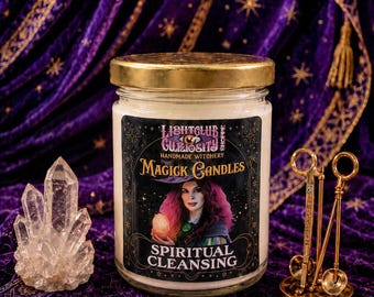 May include: A white candle in a clear glass jar with a gold lid. The label features the text Lightclub Curiosity Shoppe, Handmade Witchery, Magick Candles, and Spiritual Cleansing, along with an illustration of a person holding a glowing orb.