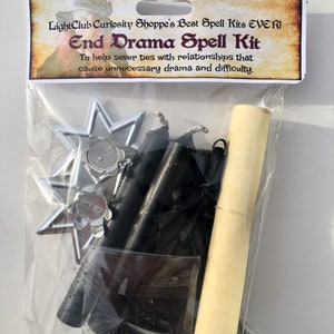 May include: A white plastic bag containing a spell kit to help sever ties with relationships that cause unnecessary drama and difficulty. The kit includes two black candles, a rolled up piece of parchment paper, and two silver star-shaped charms.