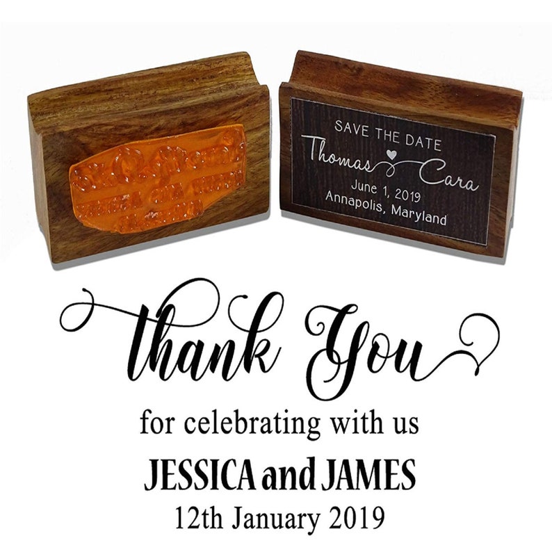 Wooden Mounted Stamp Custom Thank You Stamp Self Inking Wedding Rubber Stamp IPHS115A Personalized Envelope Stamp Save The Date Stamp