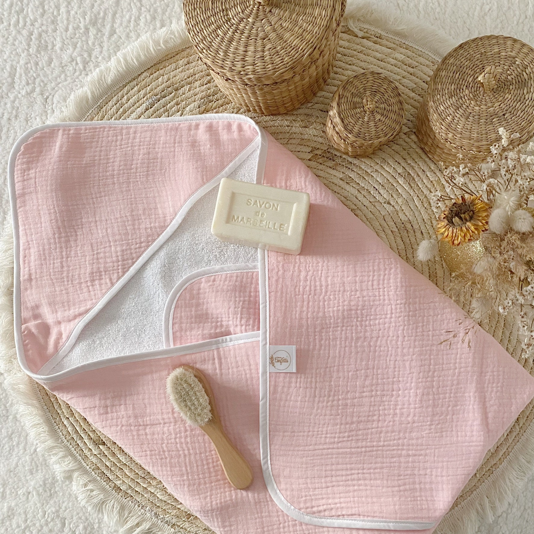 Cape de Bain /Sortie Bain/ Serviette Bébé en Nid d'abeille et Double Gaze Unie Rose