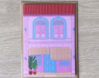 Pink Peranakan Shophouse Recycled Greeting Card