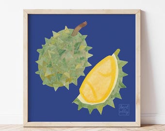 Ilustración de una gran fruta durian, arte de frutas exóticas, lámina cuadrada de 8 x 8 pulgadas.