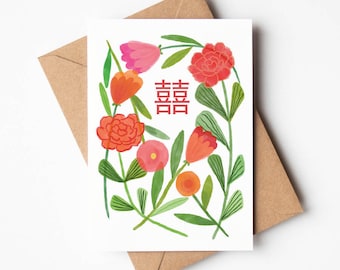 Fleurs rouges et double bonheur Carte de voeux écologique, carte de mariage chinoise, carte écologique de cérémonie du thé chinoise 105 x 150 mm