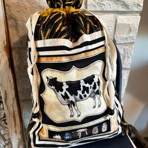 Milking Cow Drawstring Bag, Farmhouse style, Quilted Cotton, Lined Interior, Farm