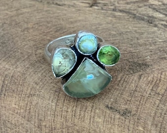 Handmade Sterling Silver Angel Ring, Pearl, Quartz, Peridot, Prehnite, Size 8