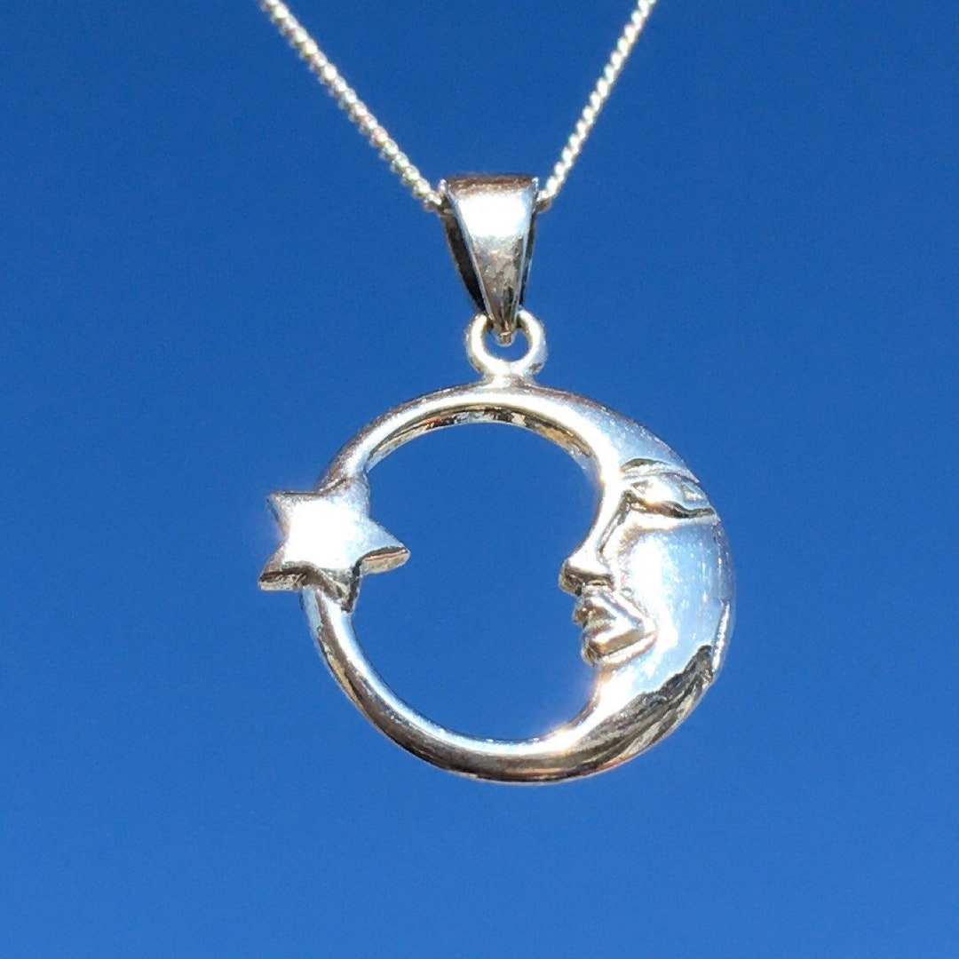 925 Crescent Moon & Star Sterling Silver Pendant Necklace - Etsy