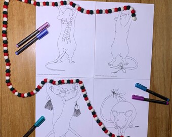 Christmas Helper Mice, christmas decoration Coloring Pages, Instant downloadable PDFs