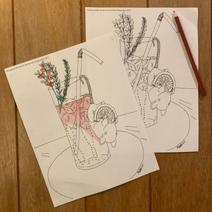 Christmas Gin Mouse Coloring Page, digital PDF.