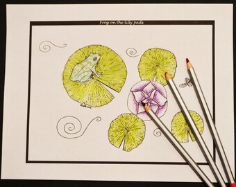 Frog On The Lily Pads Single Adult Coloring Page, Instant Download