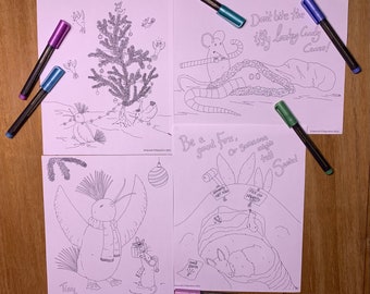 Christmas Scribbles, 4 Animal Cartoon Christmas Coloring Pages PDF Instant Download.