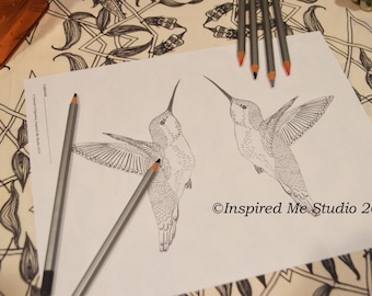 Mirrored Hummingbirds Coloring Page, Greyscale Digital Download