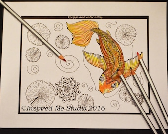 Koi Fish And Water Lilies, Single Digital Coloring Page