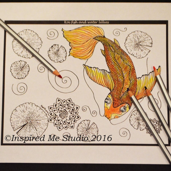 Koi Fish And Water Lilies, Single Digital Coloring Page