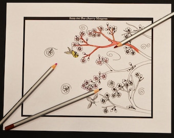 Bees And Cherry Blossom, Digital Adult Coloring Page