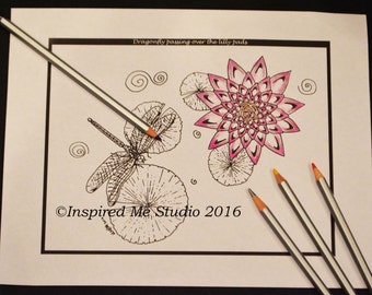 Dragonfly And Water Lily, Single Digital Coloring Page