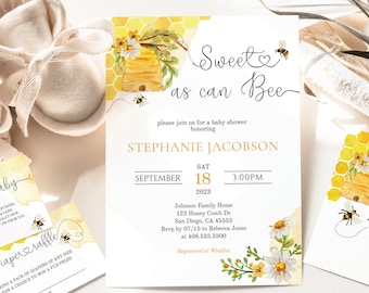 Editable Sweet as a Bee Baby Shower Invitation, Honey Bee Floral Daisy Invite Bundle, Gender Neutral Honeycomb Sprinkle Party Favors Package