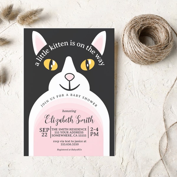 Cat Themed Baby Shower Invitation, Kitten Arch Party Invites, Printable Girl Template with Paws, Pink & Black Theme for Cat Pet Lovers PDF